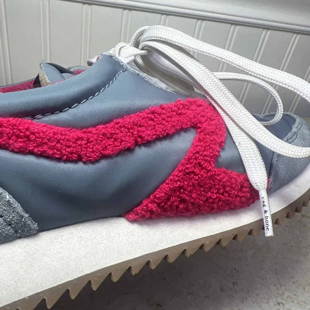 Rag‎ & Bone Retro Runner Sneakers in Slate Grey and Neon Pink Bouclé | Sz 38